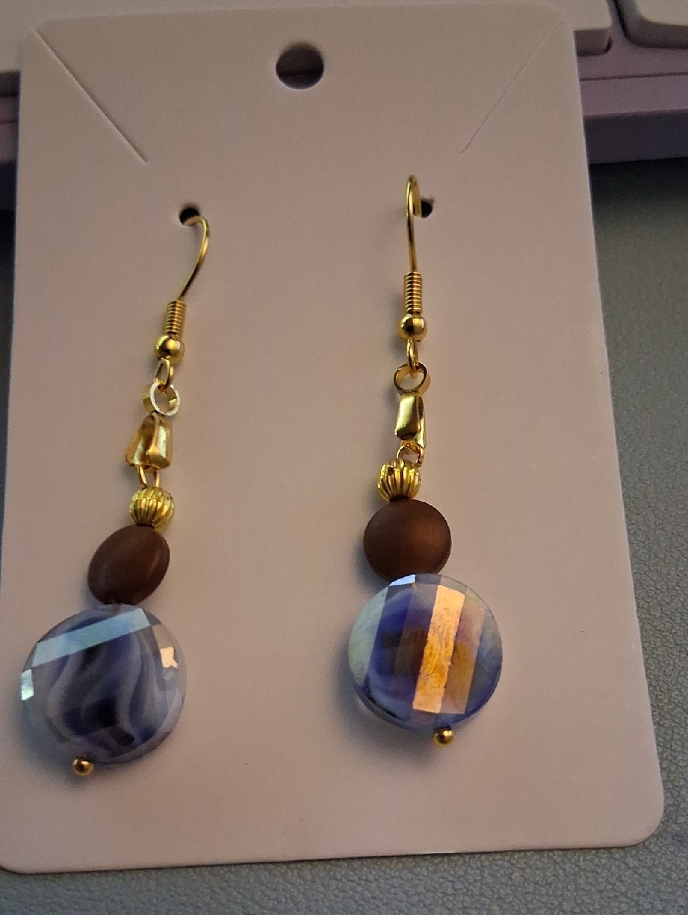 Gold-Hook Blue Glass and Brown Bead Drop Earrings -